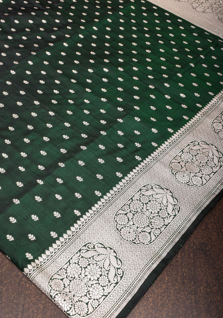 Bottle green Mashru silk with chunri butis and ornate border | SILK MARK CERTIFIED