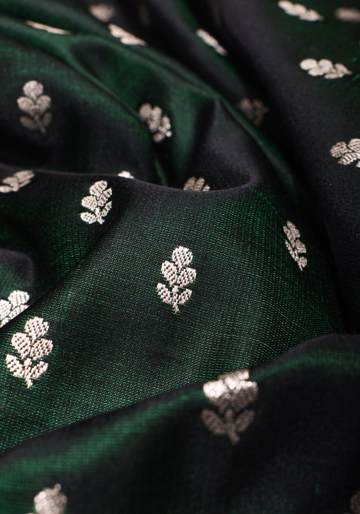 Bottle green Mashru silk with chunri butis and ornate border | SILK MARK CERTIFIED
