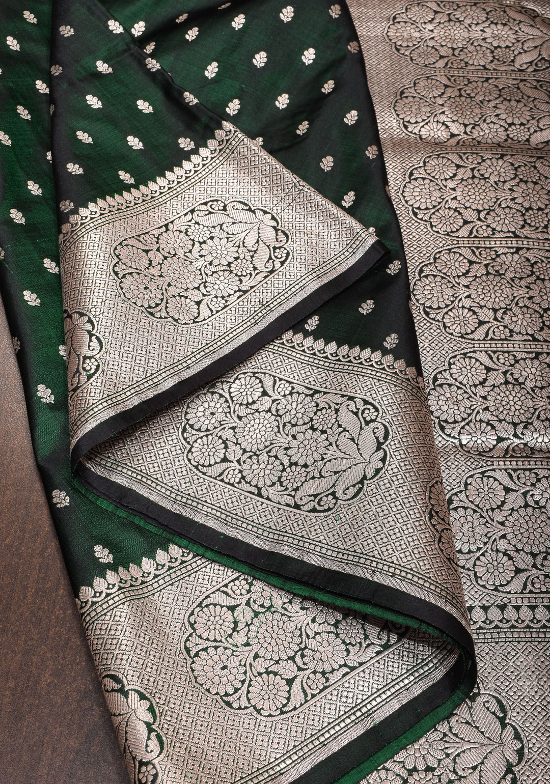 Bottle green Mashru silk with chunri butis and ornate border | SILK MARK CERTIFIED