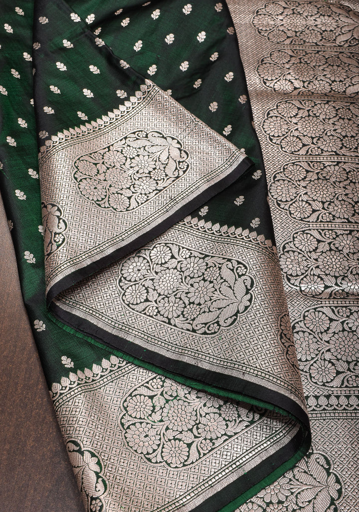 Bottle green Mashru silk with chunri butis and ornate border | SILK MARK CERTIFIED