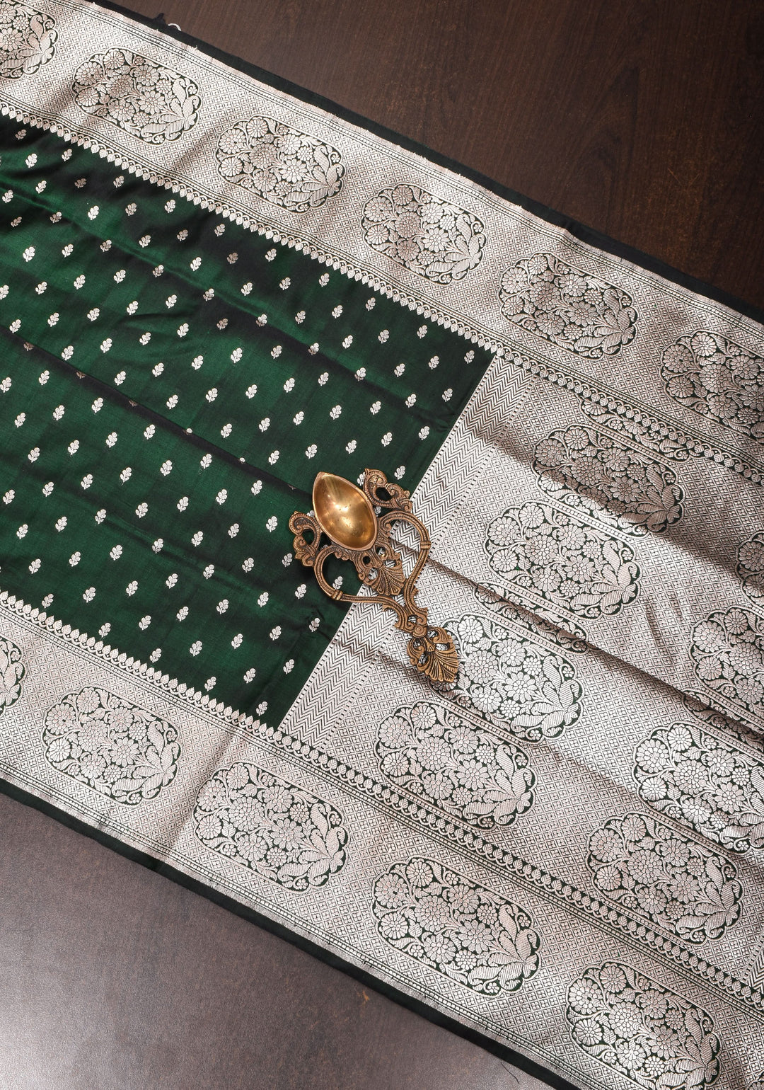 Bottle green Mashru silk with chunri butis and ornate border | SILK MARK CERTIFIED
