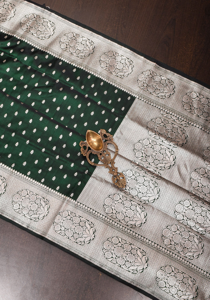 Bottle green Mashru silk with chunri butis and ornate border | SILK MARK CERTIFIED