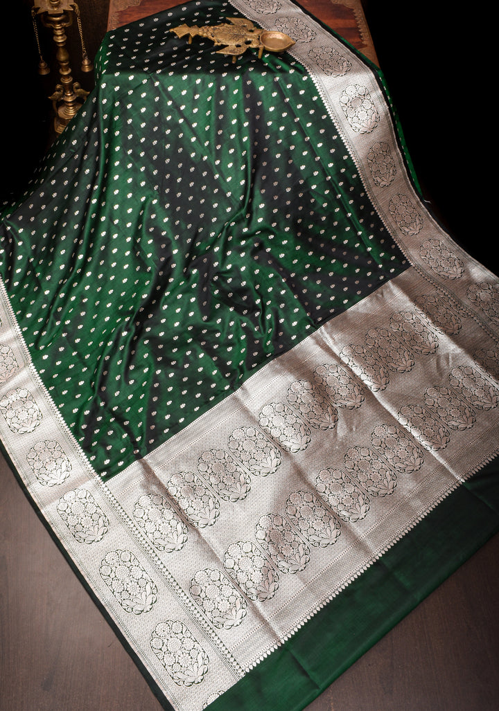 Bottle green Mashru silk with chunri butis and ornate border | SILK MARK CERTIFIED