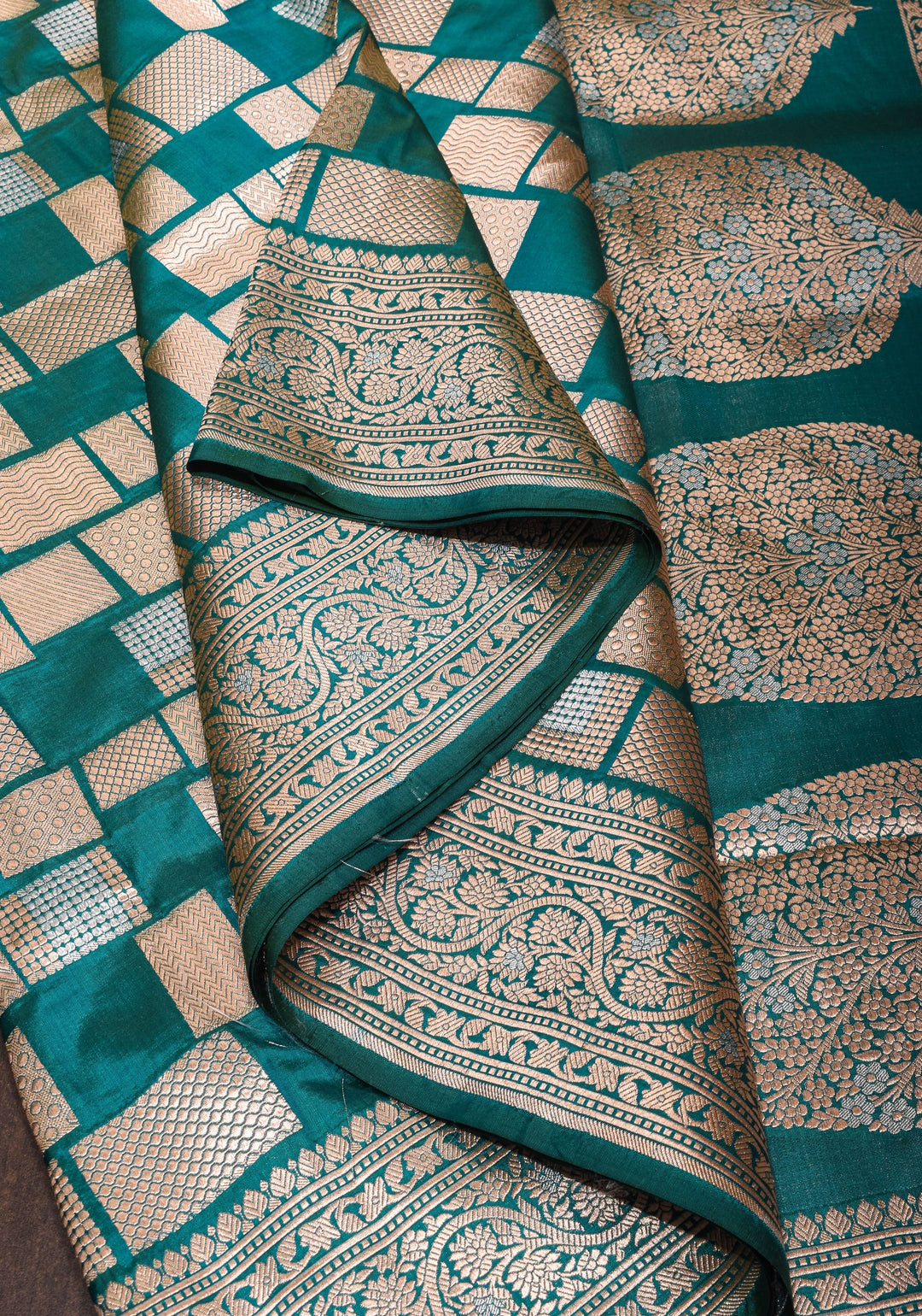 Peacock Green Banarasi Katan Silk Saree with Alfi Geometric Pattern and Zari Border | SILK MARK CERTIFIED