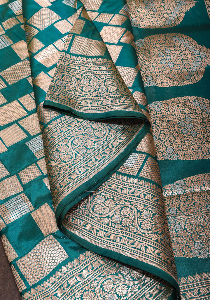 Peacock Green Banarasi Katan Silk Saree with Alfi Geometric Pattern and Zari Border | SILK MARK CERTIFIED