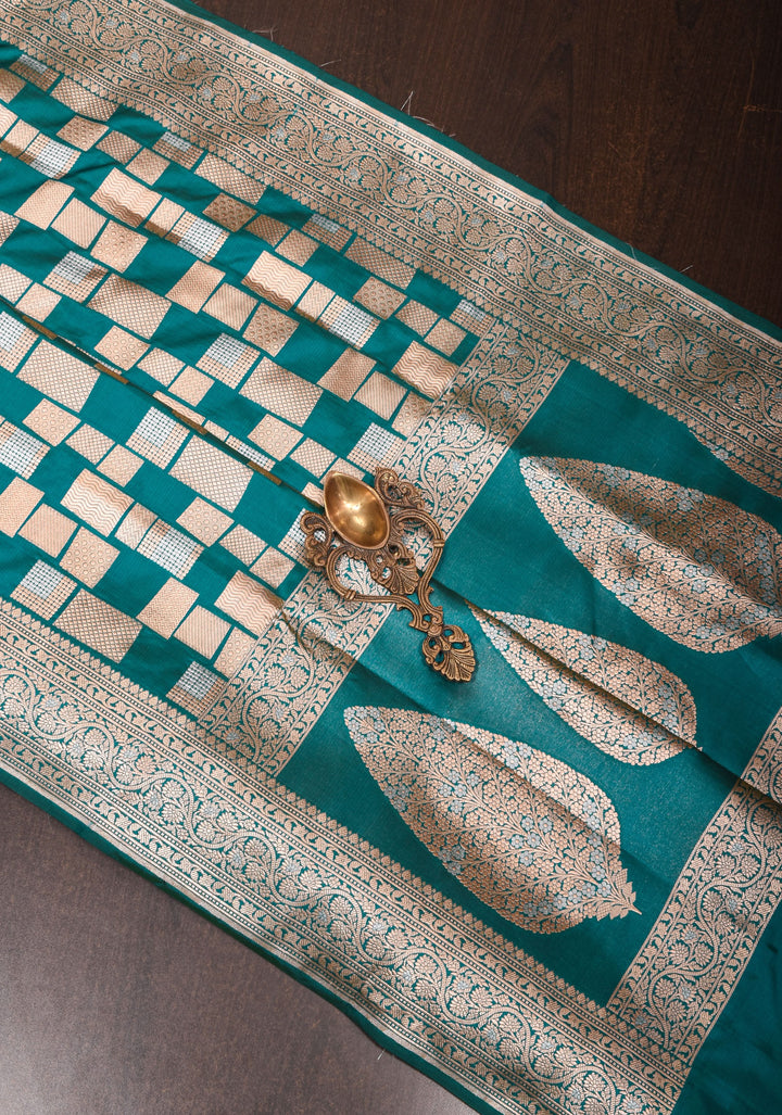 Peacock Green Banarasi Katan Silk Saree with Alfi Geometric Pattern and Zari Border | SILK MARK CERTIFIED