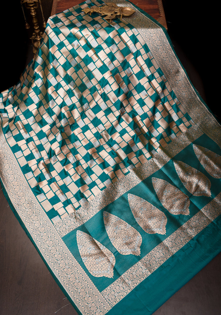 Peacock Green Banarasi Katan Silk Saree with Alfi Geometric Pattern and Zari Border | SILK MARK CERTIFIED