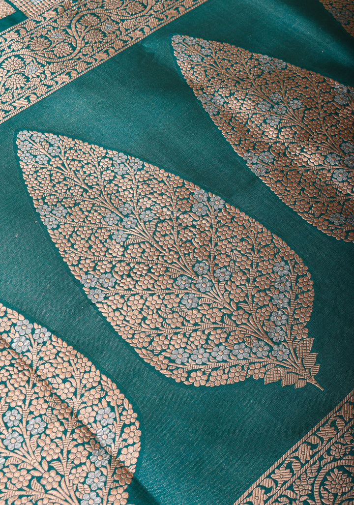 Peacock Green Banarasi Katan Silk Saree with Alfi Geometric Pattern and Zari Border | SILK MARK CERTIFIED
