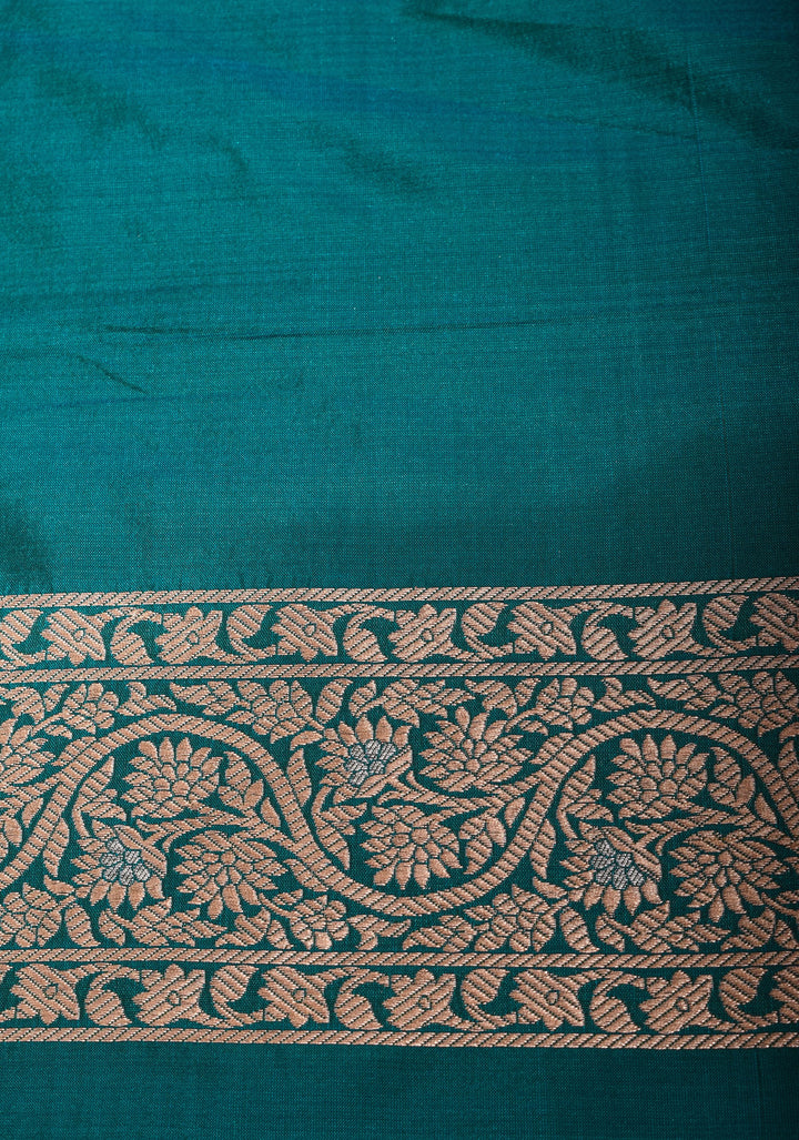 Peacock Green Banarasi Katan Silk Saree with Alfi Geometric Pattern and Zari Border | SILK MARK CERTIFIED