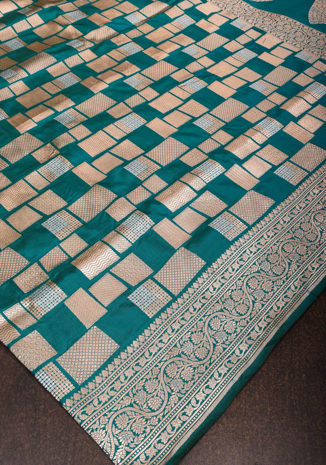Peacock Green Banarasi Katan Silk Saree with Alfi Geometric Pattern and Zari Border | SILK MARK CERTIFIED