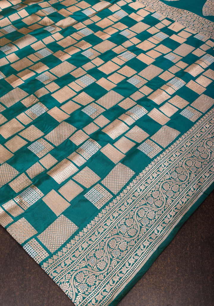 Peacock Green Banarasi Katan Silk Saree with Alfi Geometric Pattern and Zari Border | SILK MARK CERTIFIED