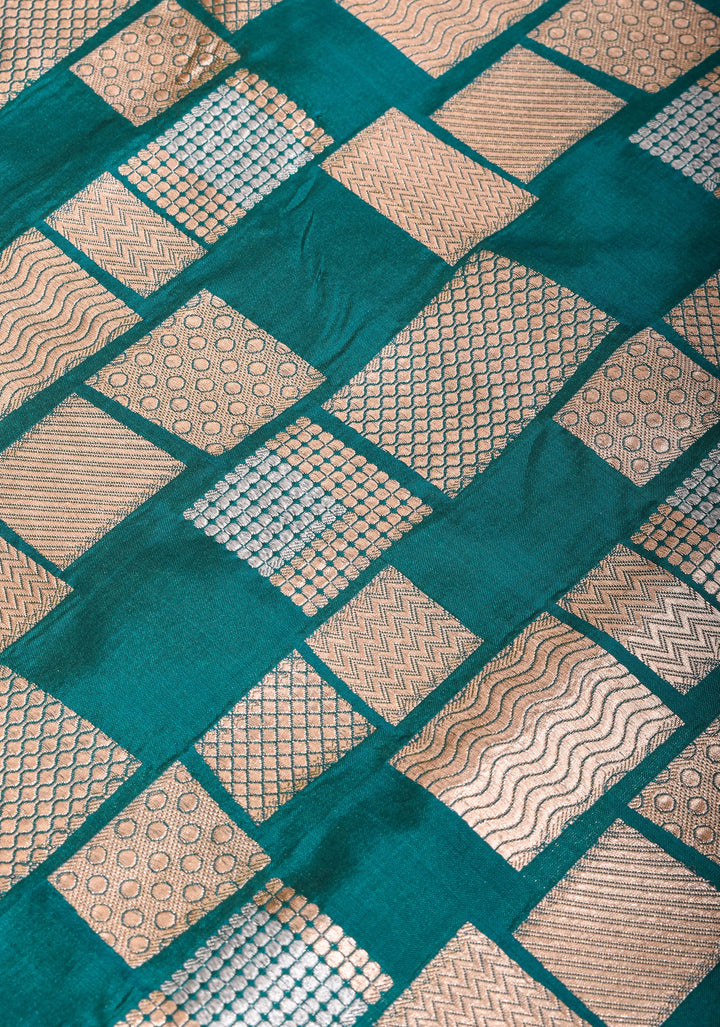 Peacock Green Banarasi Katan Silk Saree with Alfi Geometric Pattern and Zari Border | SILK MARK CERTIFIED