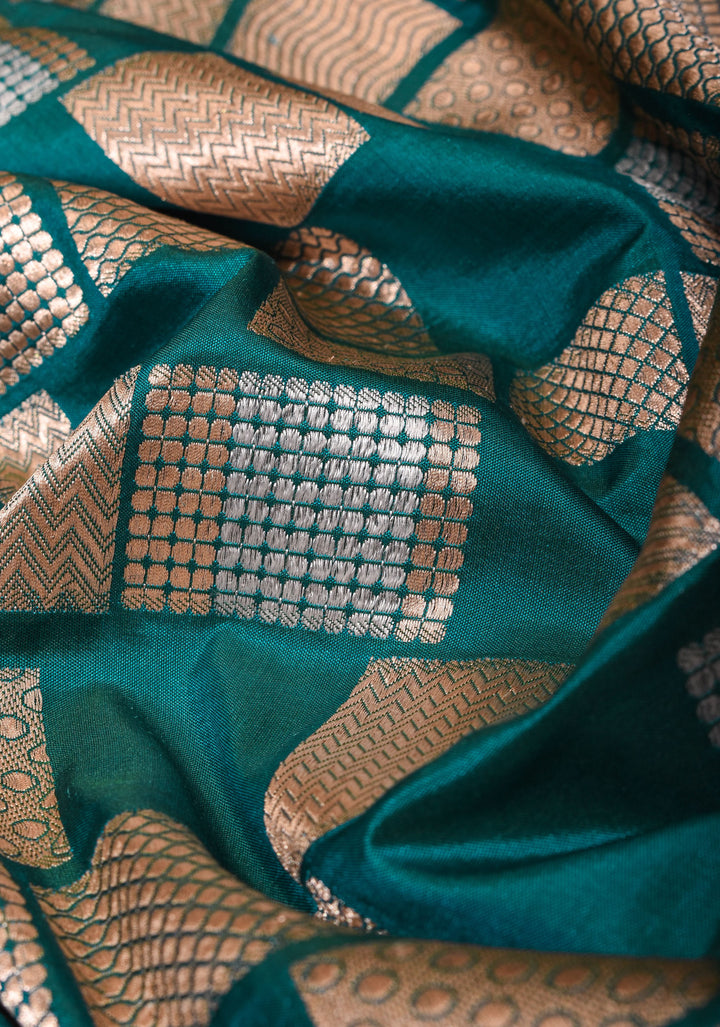Peacock Green Banarasi Katan Silk Saree with Alfi Geometric Pattern and Zari Border | SILK MARK CERTIFIED