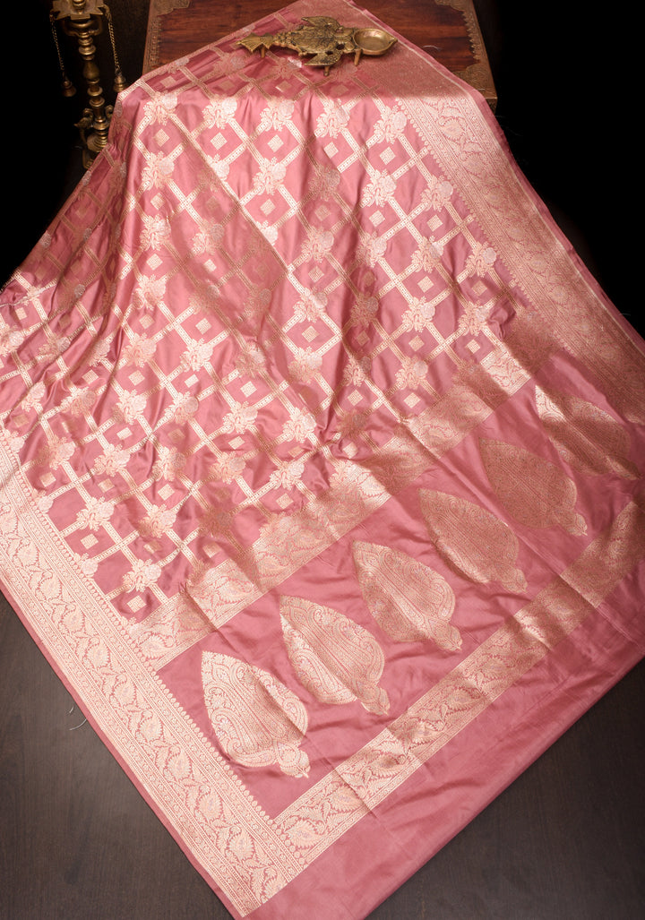 Dusty Rose Banarasi Pure Katan Silk Saree with Alfi Floral Motifs and Brocade Blouse Piece | SILK MARK CERTIFIED