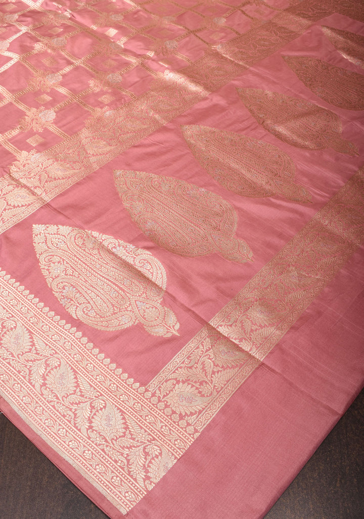 Dusty Rose Banarasi Pure Katan Silk Saree with Alfi Floral Motifs and Brocade Blouse Piece | SILK MARK CERTIFIED