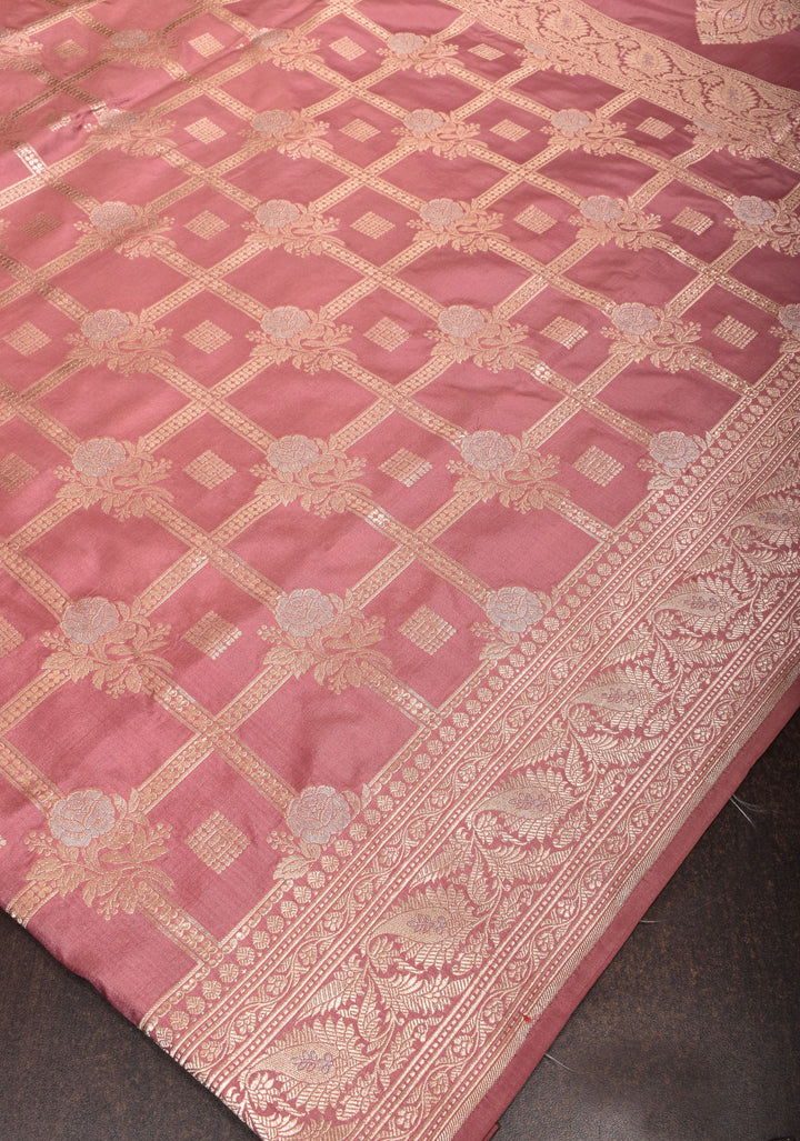Dusty Rose Banarasi Pure Katan Silk Saree with Alfi Floral Motifs and Brocade Blouse Piece | SILK MARK CERTIFIED