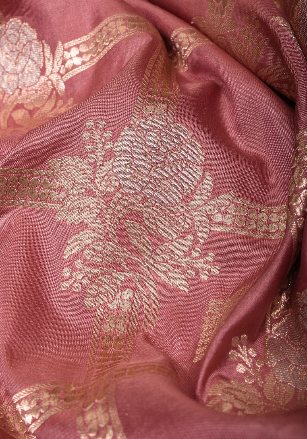 Dusty Rose Banarasi Pure Katan Silk Saree with Alfi Floral Motifs and Brocade Blouse Piece | SILK MARK CERTIFIED