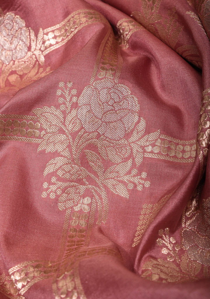 Dusty Rose Banarasi Pure Katan Silk Saree with Alfi Floral Motifs and Brocade Blouse Piece | SILK MARK CERTIFIED