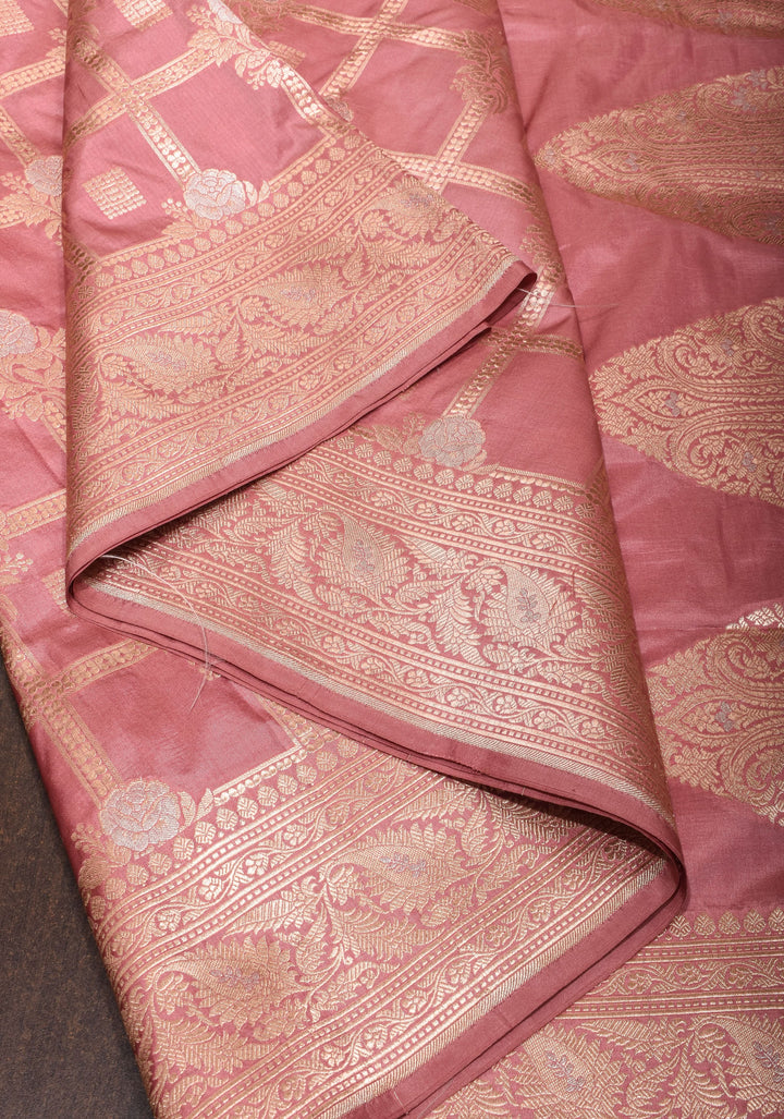 Dusty Rose Banarasi Pure Katan Silk Saree with Alfi Floral Motifs and Brocade Blouse Piece | SILK MARK CERTIFIED