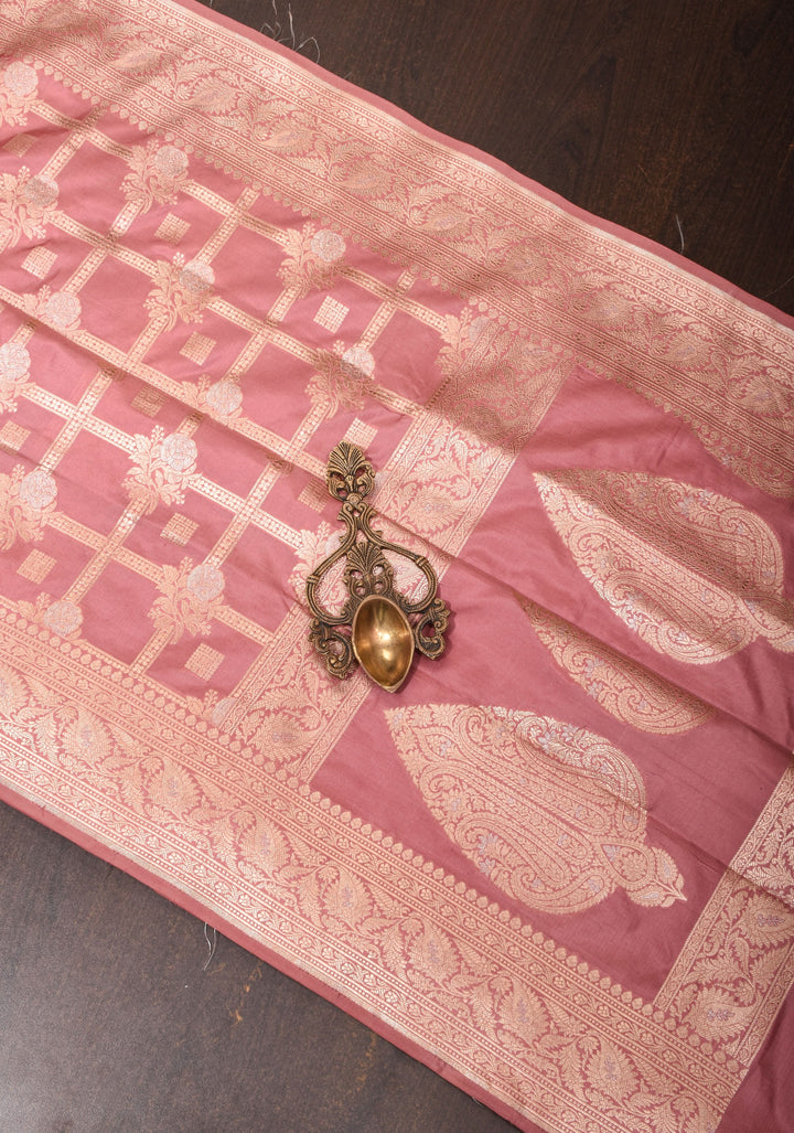 Dusty Rose Banarasi Pure Katan Silk Saree with Alfi Floral Motifs and Brocade Blouse Piece | SILK MARK CERTIFIED