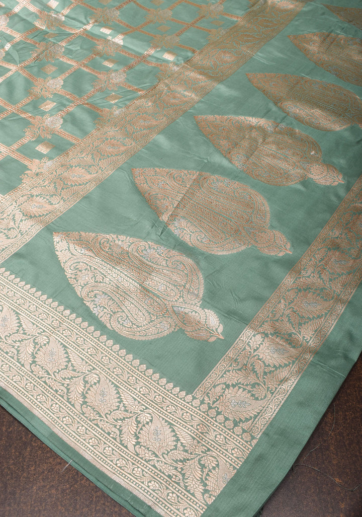 Greenish Cyan Banarasi Katan silk saree with zari Checks and Alfi Buttas | SILK MARK CERTIFIED