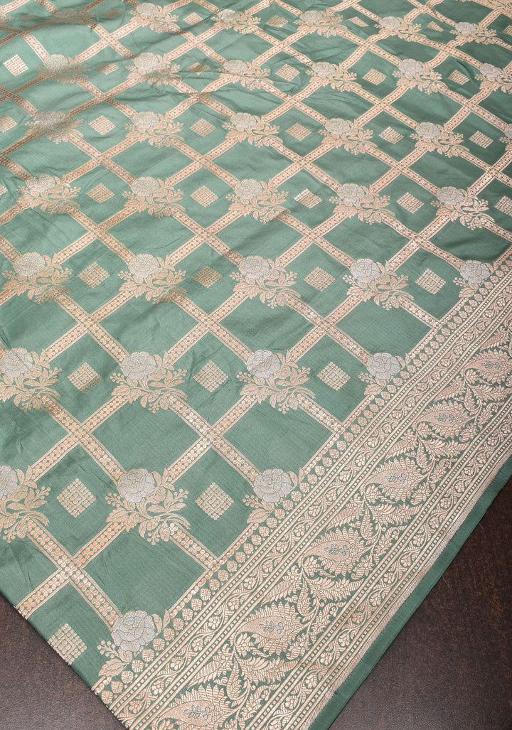 Greenish Cyan Banarasi Katan silk saree with zari Checks and Alfi Buttas | SILK MARK CERTIFIED