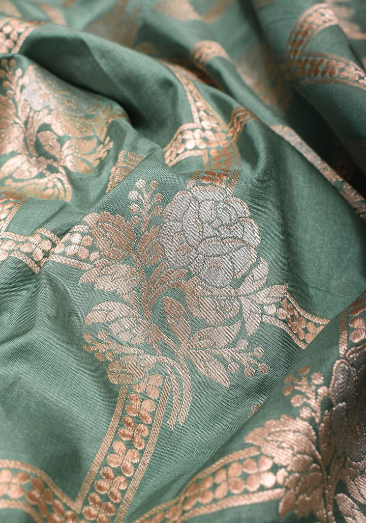 Greenish Cyan Banarasi Katan silk saree with zari Checks and Alfi Buttas | SILK MARK CERTIFIED