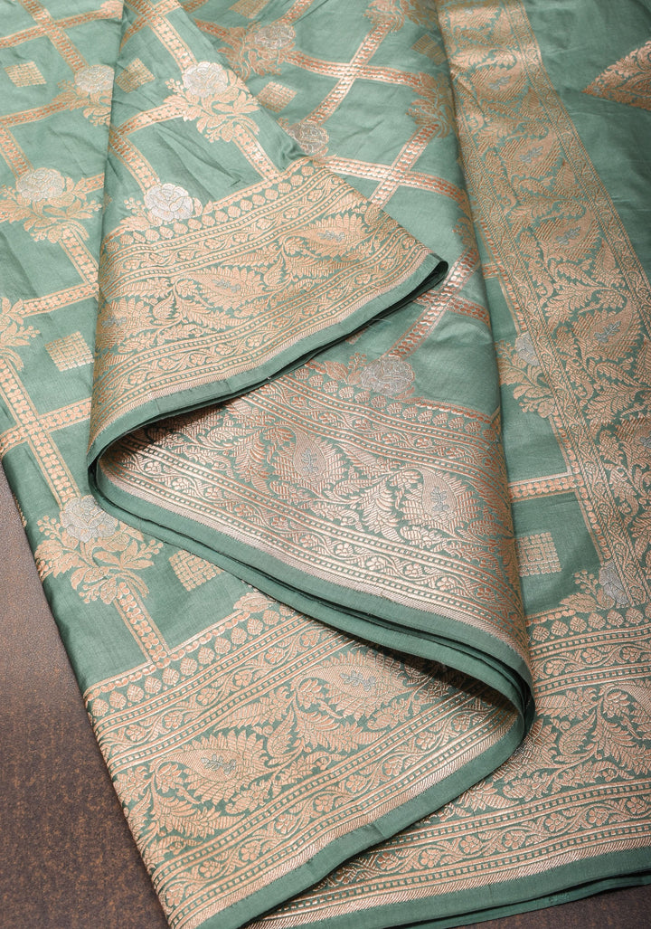 Greenish Cyan Banarasi Katan silk saree with zari Checks and Alfi Buttas | SILK MARK CERTIFIED