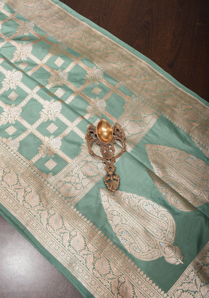 Greenish Cyan Banarasi Katan silk saree with zari Checks and Alfi Buttas | SILK MARK CERTIFIED