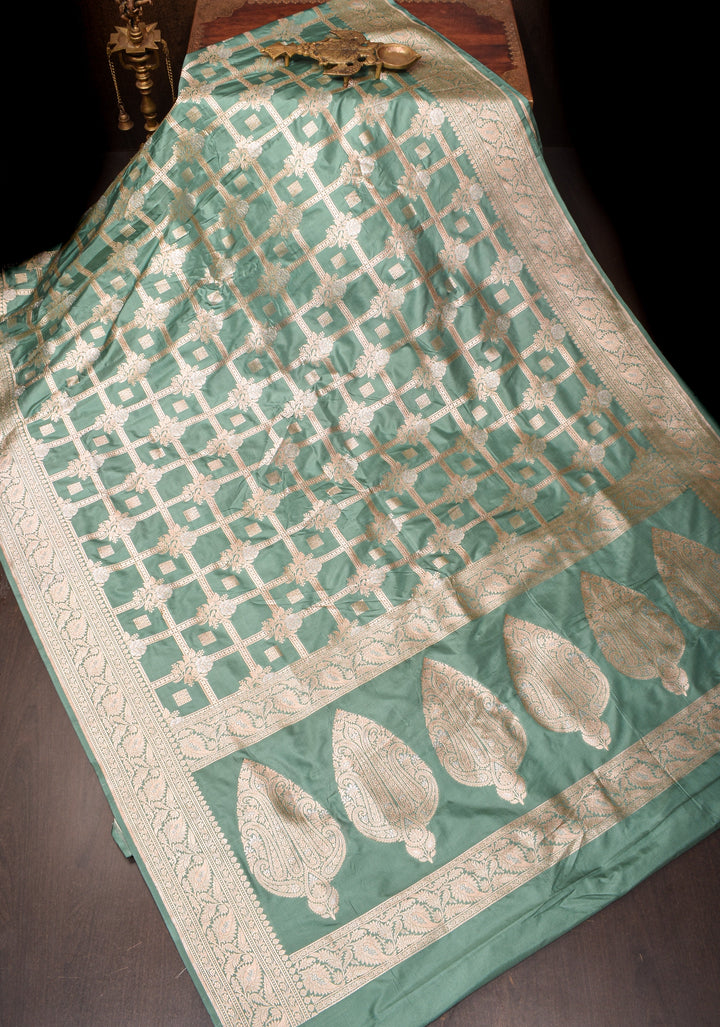 Greenish Cyan Banarasi Katan silk saree with zari Checks and Alfi Buttas | SILK MARK CERTIFIED