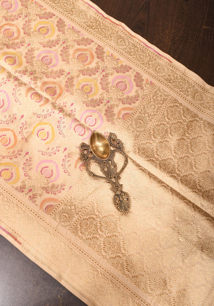 Morpankh meenakari Banarasi Katan Silk Saree in Beige | SILK MARK CERTIFIED