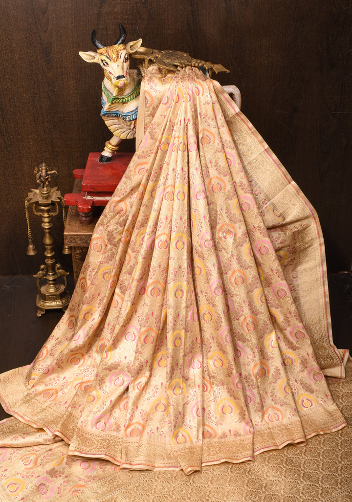 Morpankh meenakari Banarasi Katan Silk Saree in Beige | SILK MARK CERTIFIED