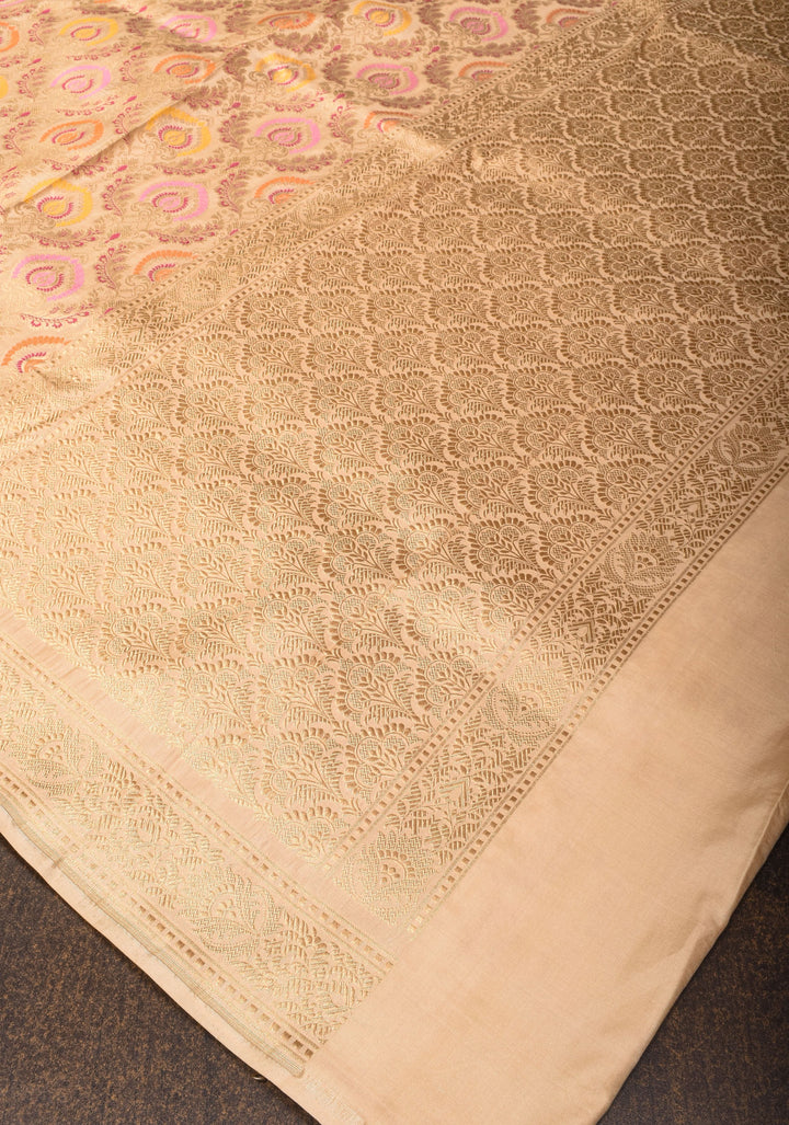 Morpankh meenakari Banarasi Katan Silk Saree in Beige | SILK MARK CERTIFIED