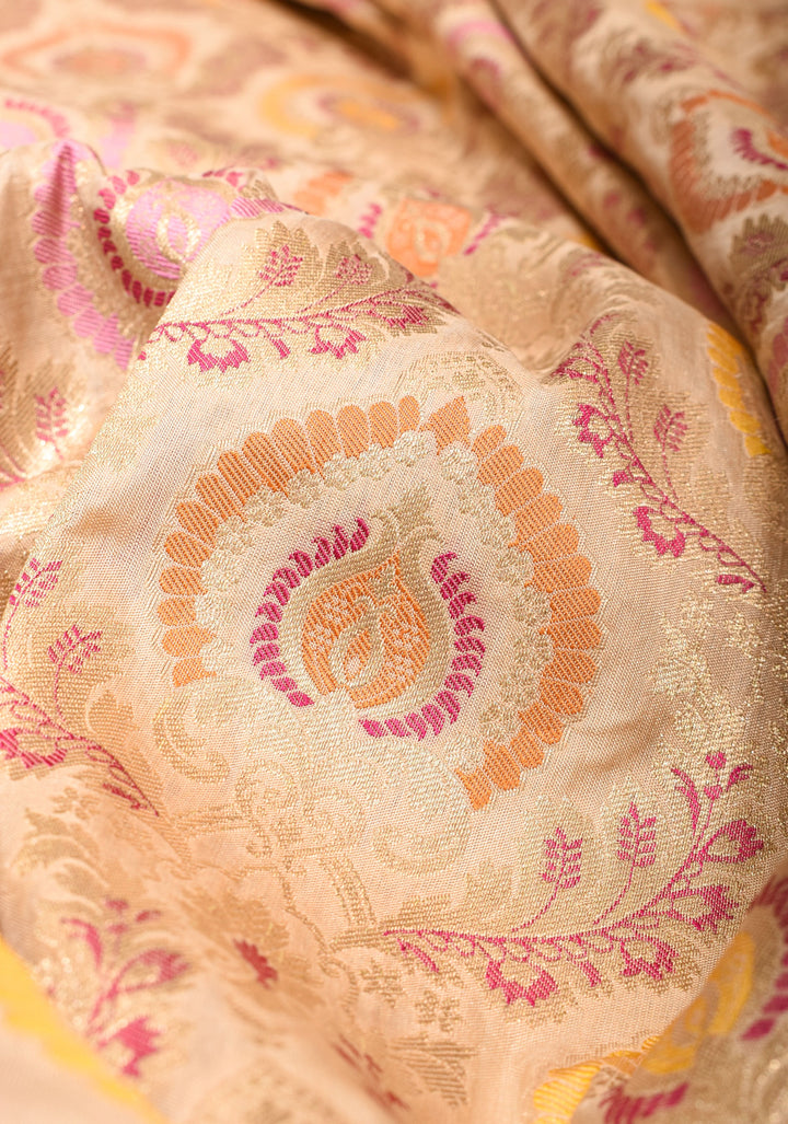 Morpankh meenakari Banarasi Katan Silk Saree in Beige | SILK MARK CERTIFIED