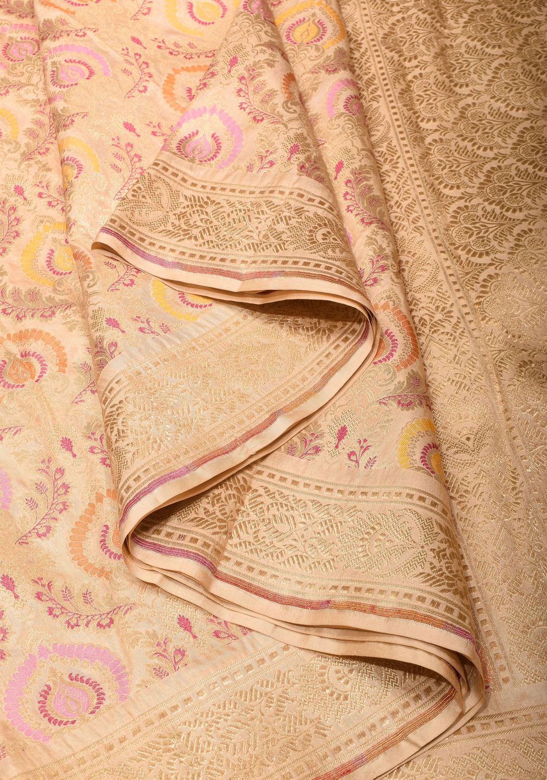 Morpankh meenakari Banarasi Katan Silk Saree in Beige | SILK MARK CERTIFIED