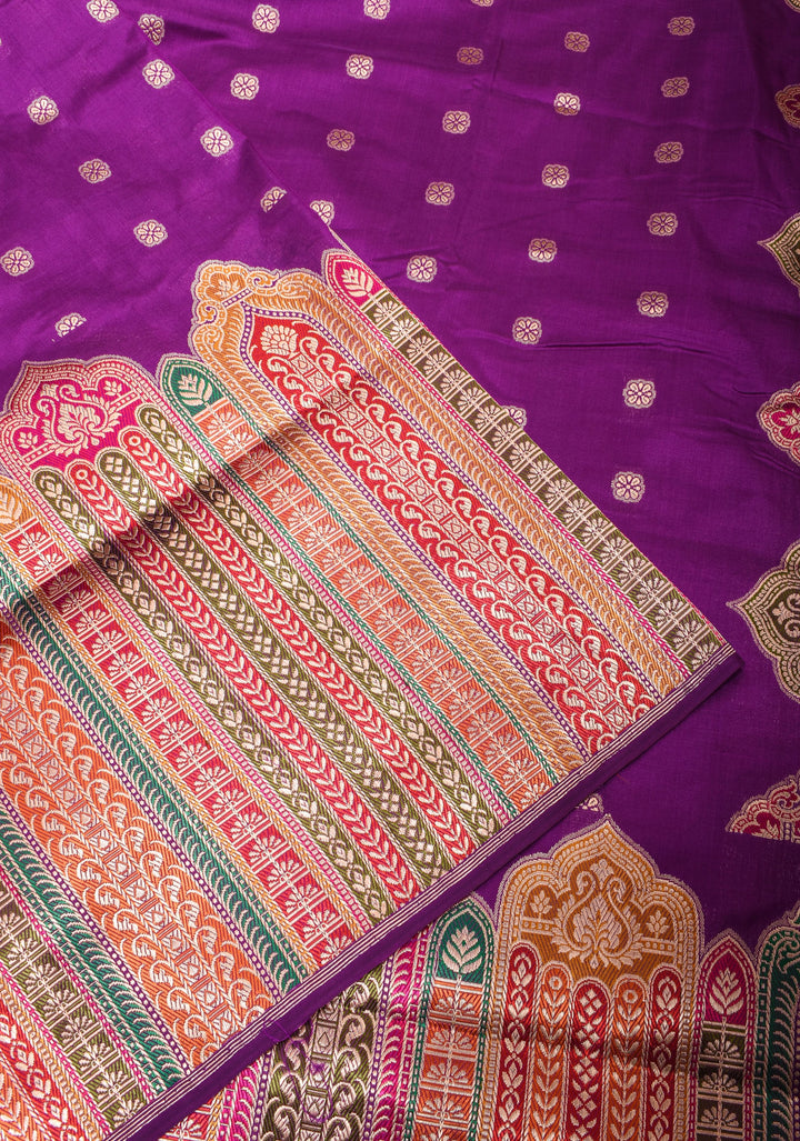 Banarasi Pure Katan Silk Saree in Purple with Exqusite Meenakari Arch Border| SILK MARK CERTIFIED