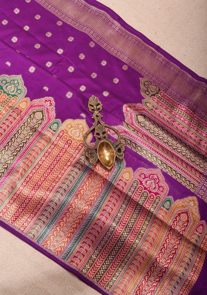 Banarasi Pure Katan Silk Saree in Purple with Exqusite Meenakari Arch Border| SILK MARK CERTIFIED
