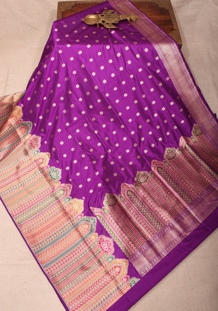 Banarasi Pure Katan Silk Saree in Purple with Exqusite Meenakari Arch Border| SILK MARK CERTIFIED