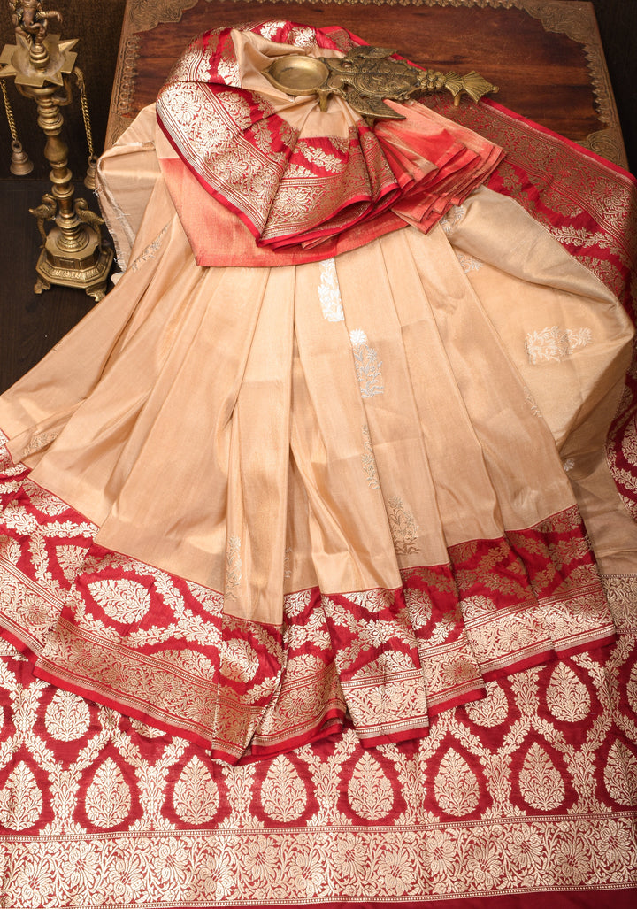 Tan Gold Katan Tissue Silk Saree with Sona Rupa Butta and Red Kadhiyal Weave Borders | SILK MARK CERTIFIED