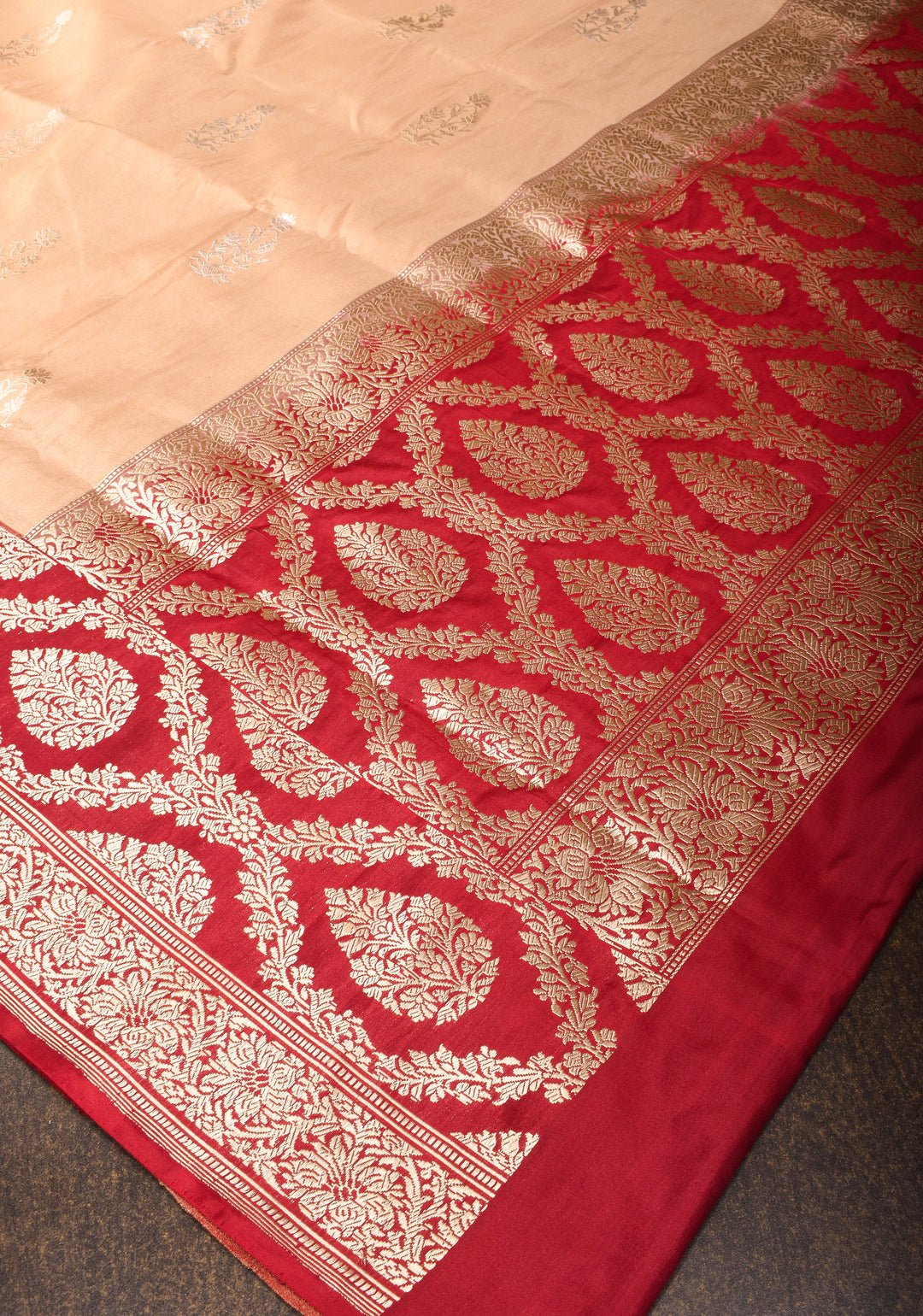 Tan Gold Katan Tissue Silk Saree with Sona Rupa Butta and Red Kadhiyal Weave Borders | SILK MARK CERTIFIED