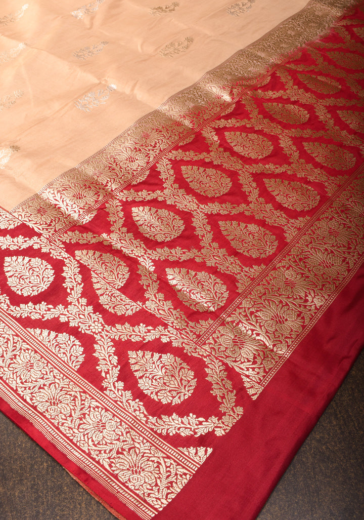 Tan Gold Katan Tissue Silk Saree with Sona Rupa Butta and Red Kadhiyal Weave Borders | SILK MARK CERTIFIED