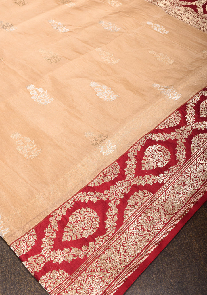 Tan Gold Katan Tissue Silk Saree with Sona Rupa Butta and Red Kadhiyal Weave Borders | SILK MARK CERTIFIED