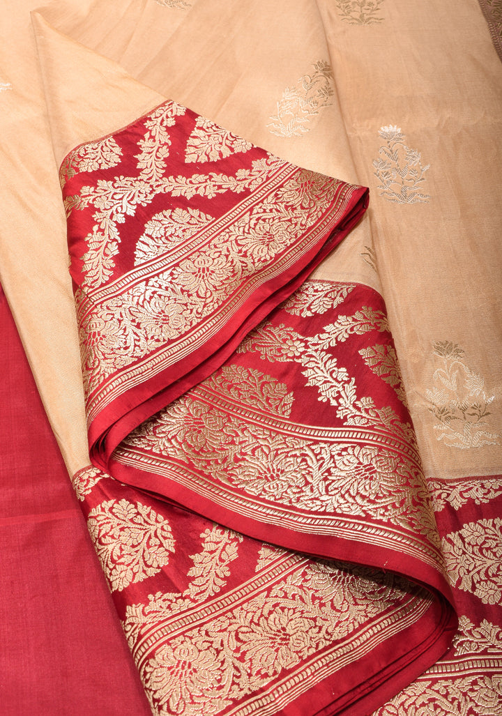 Tan Gold Katan Tissue Silk Saree with Sona Rupa Butta and Red Kadhiyal Weave Borders | SILK MARK CERTIFIED