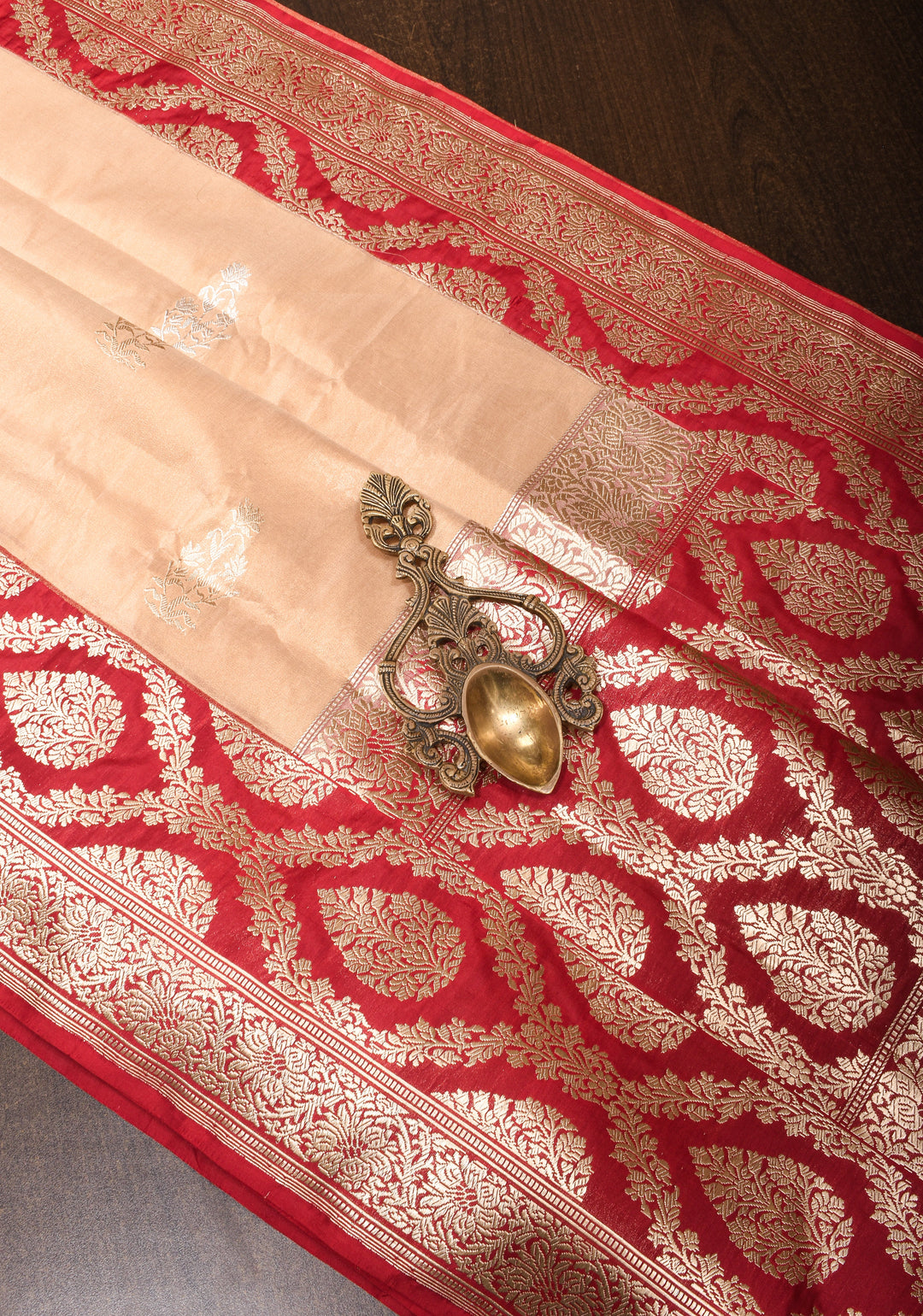 Tan Gold Katan Tissue Silk Saree with Sona Rupa Butta and Red Kadhiyal Weave Borders | SILK MARK CERTIFIED