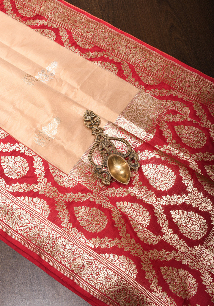 Tan Gold Katan Tissue Silk Saree with Sona Rupa Butta and Red Kadhiyal Weave Borders | SILK MARK CERTIFIED