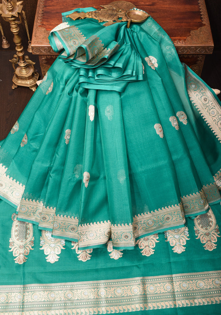 Teal Banarasi Kora Silk Saree With Meenakari Floral Butta and Border | SILK MARK CERTIFIED