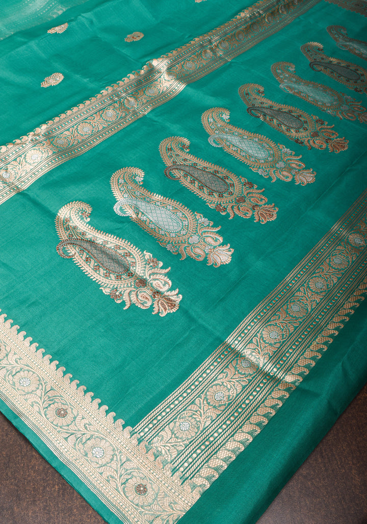 Teal Banarasi Kora Silk Saree With Meenakari Floral Butta and Border | SILK MARK CERTIFIED