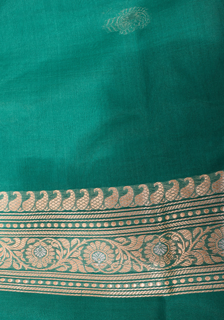 Teal Banarasi Kora Silk Saree With Meenakari Floral Butta and Border | SILK MARK CERTIFIED