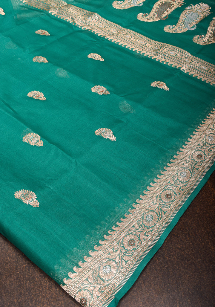 Teal Banarasi Kora Silk Saree With Meenakari Floral Butta and Border | SILK MARK CERTIFIED