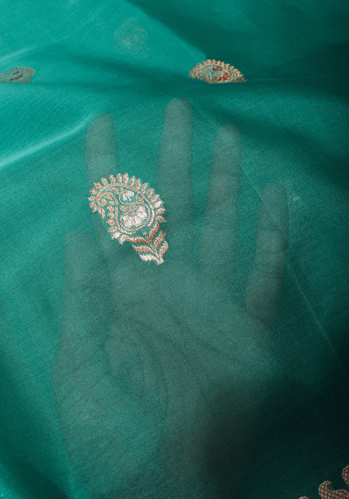 Teal Banarasi Kora Silk Saree With Meenakari Floral Butta and Border | SILK MARK CERTIFIED
